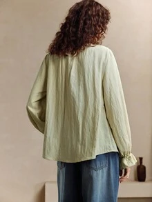 EMERY ROSE Women's Linen Fabric, Loose Fit, Heavy-Duty Aircraft Pleated Patchwork Design, Daily Commuting Top Fall Clothes For Women Saudi National Day Going Out Tops For Women Going Out Tops Autumn Women - Green - View 2
