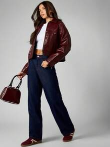 MISSGUIDED Quần jean ống đứng cạp cao màu tối bằng cotton dành cho nữ, có đường chỉ tương phản màu đỏ, chất liệu denim cổ điển, thu đông - Rửa tối - Xem 6