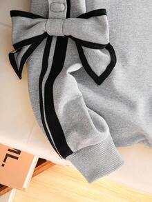 SHEIN 1pc Tween Girls Oversized Crew Neck Long Sleeve Sweatshirt, Loose Fit With Detachable Bowknot Cuff Decoration, Casual Pullover For Autumn Fall Winter - Grey - View 3