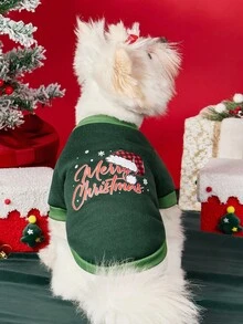 PETSIN 1 件宠物圣诞猫狗通用“圣诞快乐”英文时尚印花绿色抓绒保暖舒适狗狗圣诞服 - 綠色 - 查看 5