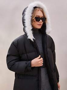 CLARA VERO Women Contrast Hooded Pocket Zipper Detailed Long Padded Winter Coat - Black - View 8