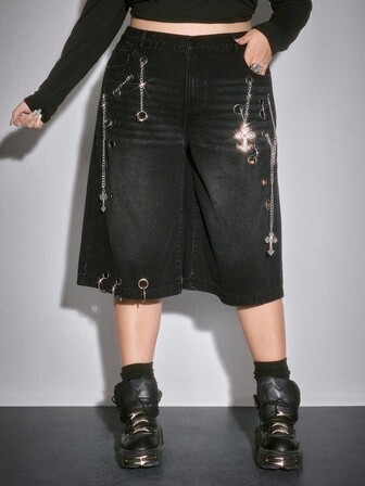 Grunge Punk Jeans vintage con catena in metallo e effetto consumato, lunghezza 7/8, taglie comode