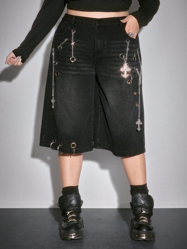 ROMWE Grunge Punk Jeans de talla grande con cadena de metal vintage y efecto desgastado de 7/8 de longitud