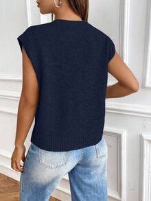 EMERY ROSE Button Front Sweater Vest Without Blouse - Navy Blue - View 3