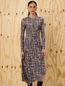 COUREZ 长袖印花薄纱连衣裙，正面格纹细节 / Y2K 风格外出穿搭 秋季女装 冬季女装 优雅别致连衣裙 派对礼服 婚礼宾客礼服 棕色连衣裙 万圣节 - 棕色 - 查看 2