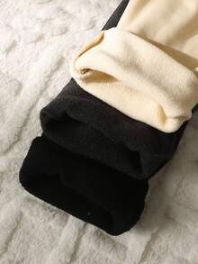 SHEIN 少女三件套字母拼接细节保暖打底裤，柔软高弹罗纹保暖内衬，休闲百搭，黑色/深灰色/杏色秋冬款 - 彩色 - 查看 4