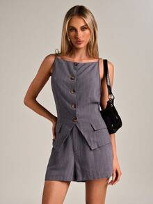 Avantive Ensemble débardeur et short rayé avec boutons devant, mode été pour les déplacements - Gris - Voir 4
