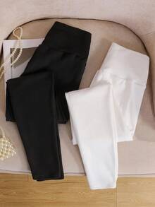 青少年女孩两件套家居休闲百搭保暖紧身打底裤，黑白款，秋冬款 - 黑與白 - 查看 2