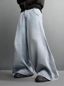 SUMWON Denim de Algodão com Perna Ultra Larga, Ajuste Barril Oversized, Detalhe de Costura, Estilo de Rua Relaxado, Design Moderno e Atemporal - Azul - Visão 2