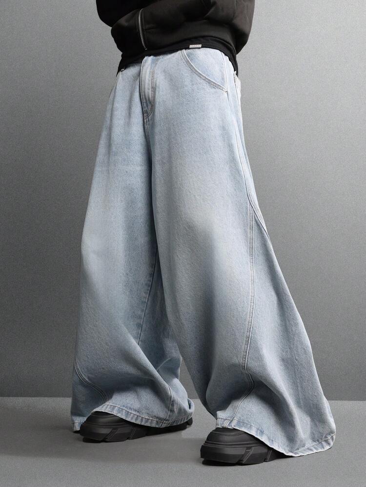 Wide Leg Barrel Fit Denim Jeans With Seam Details