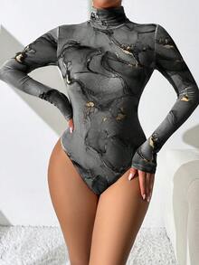 SHEIN Essnce 女士大理石印花高领长袖休闲紧身衣 - 黑色 - 查看 3