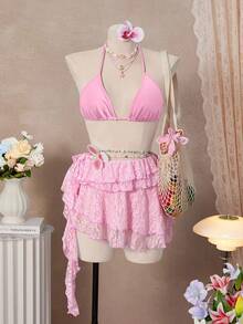 SHEIN Swim Falda de cubrir con volantes y encaje floral para mujer - Rosa - Ver 4