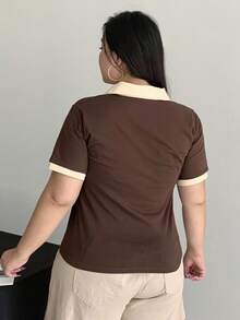 Dazy Petite Plus Color Block Collar Fitted Cropped T-Shirt, Brown, Spring/Summer - Brown - View 2