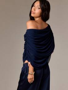 AiiRZ 露肩褶饰垂坠长袖休闲晚会上衣搭配阔腿休闲裤优雅场合秋季节日晚装 - 藏蓝色 - 查看 2