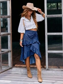 EMERY ROSE Chân váy denim thường ngày xếp nếp chắp vá nhiều lớp có dây rút cho nữ - Rửa tối - Xem 1