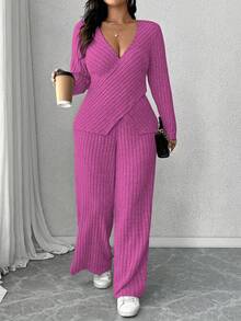 Calvaya Plus Size Soft Knit Ribbed Fabric Criss-Cross Long Sleeve T-Shirt + Soft Ribbed Wide Leg Pants Casual Homewear 2 Pieces Set - Hot Pink - View 1