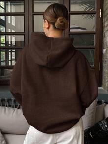 DAZY Áo nỉ có mũ, lót giữ nhiệt, màu trơn, dáng rộng, thích hợp cho mùa thu/đông. - màu nâu - Xem 2