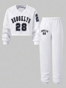 SHEIN Explorewe 2pcs/Set Tween Girl Casual Loose Graphic Print V-Neck Fleece Sweatshirt And Comfortable Sports Pants, Suitable For Autumn And Winter Fall - White - View 4