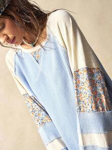 Bohemela 女士休闲针织拼布圆领长袖宽松衬衫 - 藍色 - 查看 5