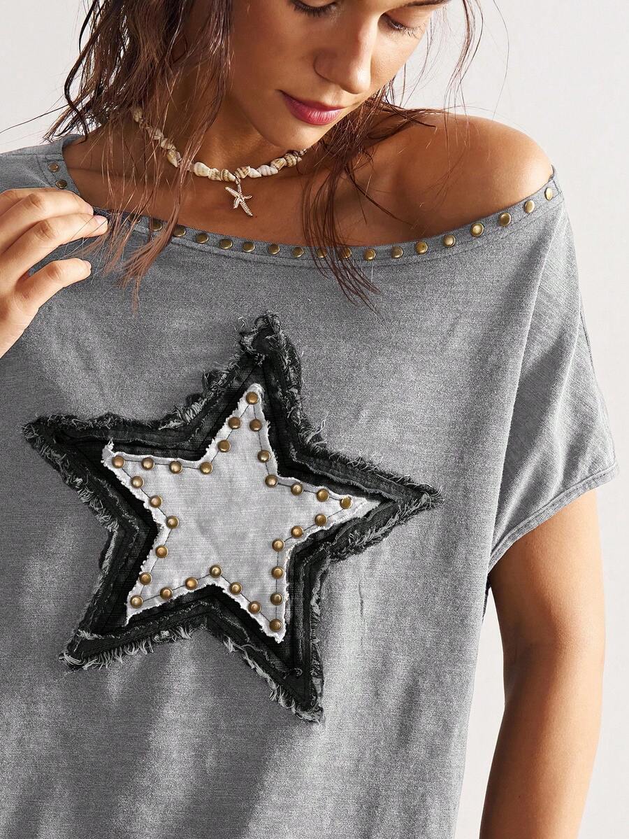 Bohemela Camiseta gráfica de estilo boho country casual y holgada para mujer, de verano - Gris - Ver 1