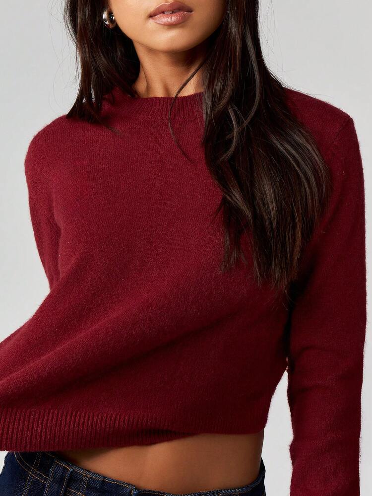 MISSGUIDED Burgundy Cropped Pullover Sweater For Fall Winter Long Sleeve Crew Neck Knit Top Casual Basic Layering Essential Christmas
