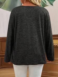 Kaos Kasual Wanita Ukuran Besar Musim Semi & Gugur Leher V dengan Slogan dan Lengan Raglan, Atasan Wanita - Hitam - View 2