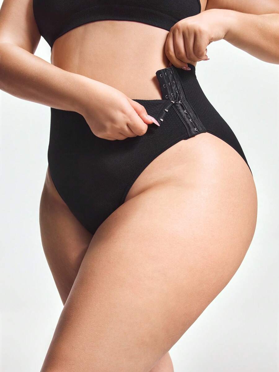 SHAPORA 大码女式纯色侧扣塑身收腹裤 - 黑色 - 查看 1