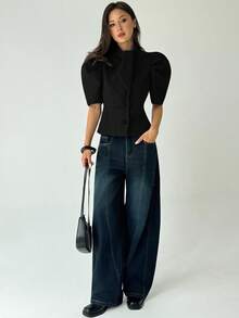 Aloruh Manteau en laine à manches courtes bouffantes et simple boutonnage, couleur unie, pour femmes, automne/hiver