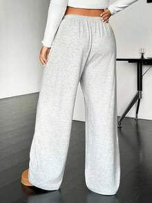 SHEIN Tall CURVE Plus Size Casual Drawstring Waist Loose Straight Leg Knit Pants Wide Sweatpants Comfy Tall For Women Curve Set Clothes,Fall - Grey - View 2