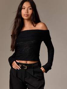 AiiRZ Top de manga larga con hombros descubiertos, cuello plegable, de punto acanalado y largo corto, moda de otoño e invierno