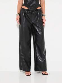 KIZN Pantaloni largi din piele ecologică pentru femei, cu talie și cordon, casual
