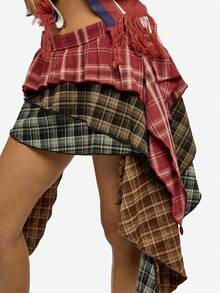 SUMWON WOMEN Multi Plaid Tiered Ruffle Asymmetric Layered Mini Skirt With Checked Pattern Fall Festival - Multicolor - View 8