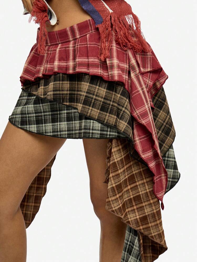 SUMWON WOMEN Multi Plaid Tiered Ruffle Asymmetric Skirt