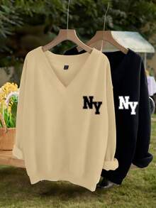 EMERY ROSE 2 piezas Sudadera de felpa con cuello en V de unicolor para mujer talla grande con estampado de NY, versátil para otoño/invierno