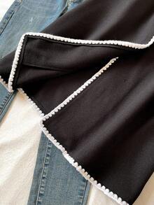 优雅休闲黑色外套，适合青春期女孩，白色蕾丝边，修身剪裁，精致衣领，时尚别致 - 黑色 - 查看 6