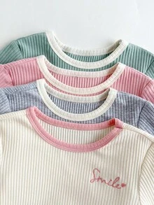 Loomiva 4 قطع مجموعة ملابس علوية قصيرة الأكمام بياقة دائرية ناعمة محبوكة بألوان متباينة للبنات الصغار، ملابس علوية كاجوال ومريح - وردي - مشاهدة 4