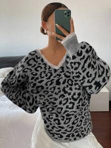 DAZY Women's Loose Casual Gray Leopard Print Sweater, Autumn/Winter - Grey - View 1