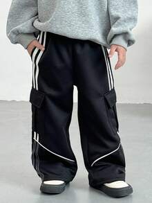 Genkimix Kids 男童休闲时尚街头风羊毛撞色缎带装饰宽松直筒工装裤，黑色，适合秋冬季 - 黑色 - 查看 3