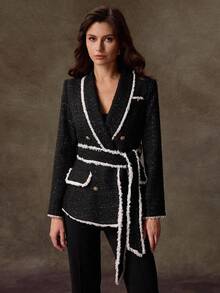 Lilora Women's Minimalist Tweed Business Blazer With Belt, Long Sleeve, Autumn/Winter,Business, Retro, Party, Resort, Outing, Old Money,Siren Coquettish, Prom, Ball, Valentine's Day, Cruise Attire, Commuting,  Richly Layered, Date Night, Gathering, Minimalism, Birthday, Formal Event,  Ibiza, Nashville, Break, Modest, Chic, Casual, Shopping, Street Wear, Going Out, Coquette,Sexy,Vintage,Street Wear,Boho,Formal,2000s Style,Casual,Hippie,Retro,Old Money Style - Black - View 9