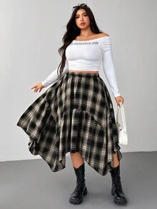 SHEIN EZwear Chân váy midi kẻ caro cổ điển cỡ lớn, viền xếp nếp bất đối xứng, mùa thu/đông - Đen và trắng - Xem 4