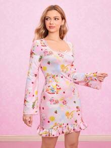 Strawberry Shortcake X SHEIN Vestido corto ajustado con cuello cuadrado, volantes en el bajo, encaje de contraste y estampado de arcoíris de dibujos animados con lazo para mujer - Rosa - Ver 4