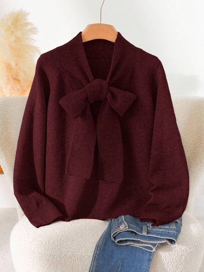 CosyJoli Plus Size Elegant French Bow Knit Red Blouse, Casual & Romantic For Vacation Bow Clothes Women Red Sweater Cute Sweater Bow Top Women Bow Sweater/Winter Women Sweater