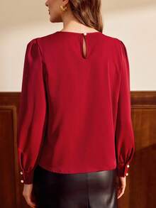 Vintamour Vintage Elegant Women Pearl Chain Pleated Long Sleeve Blouse Work Vacation Party Cocktail For Women For Women For Women For Women Christmas Women Christmas Women's Elegant Blouses For Women Burgundy New Year Valentine Spring - Red - View 4