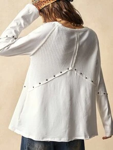 Bohemela 女士休闲纯色V领长袖宽松T恤 - 白色 - 查看 5