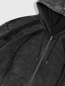 ROMWE MEN Street Life Áo nỉ có mũ trùm đầu, dây rút, khóa kéo, tay dài, mùa thu dành cho nam - màu đen - Xem 4