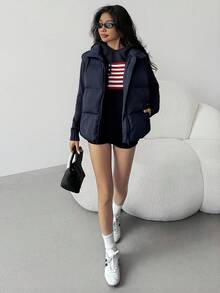 SHEIN 青少年女孩宽松休闲翻领无袖加厚保暖短款外套，秋冬 - 藍色 - 查看 2