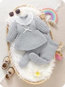 SHEIN 2 Stücke Baby Mädchen Lässig Süß Twist Kordel Blumen Spitze Schleife Dekor Gestricktes Sweater Kleid & Leggings Set, Weicher Stoff geeignet für Alltag, Ausflüge, Reisen, Feiertage, Zuhause, Kinderbetreuung, Spielzeit, Party