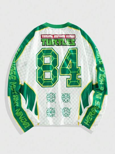 TEENAGE MUTANT NINJA TURTLES X ROMWE Men's Casual Fashionable Street Sporty Cartoon Turtle & Numeral Print Plaid Loose Long Sleeve T-Shirt
