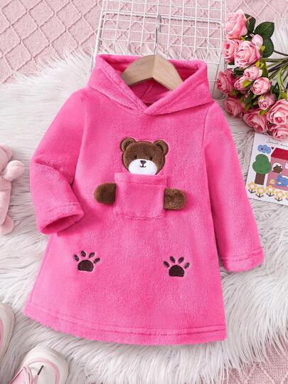 SHEIN Koreansk stil, avslappnad minimalistisk babyflickklänning i fleece med broderad tecknad björn, vinter