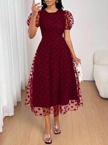 SHEIN Lady 女士优雅波尔卡圆点网眼罩层通勤连衣裙 - 酒紅色 - 查看 8